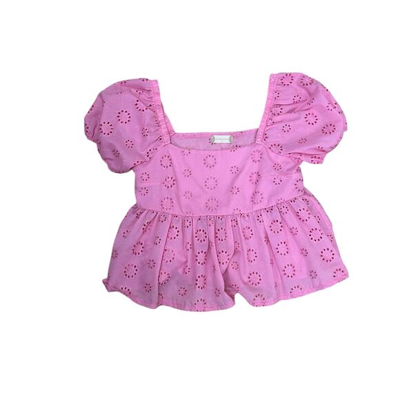 Altar'd State Tops - Altar’d State Pink Eyelet Crop Top Medium Puff Sleeve Cottagecore